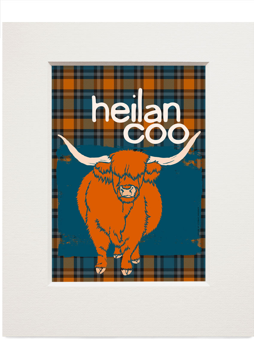 Heilan coo oan tartan – small mounted print