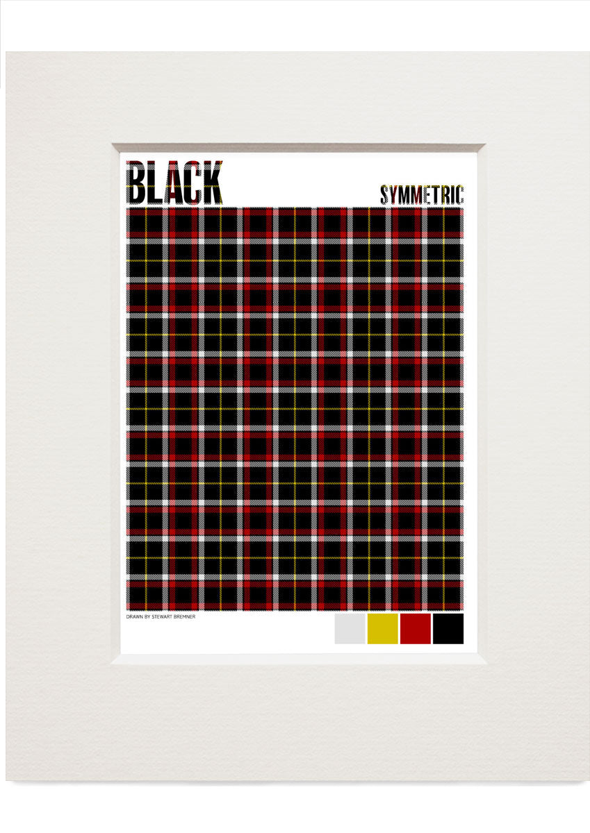 Black Symmetric Modern tartan – small mounted print