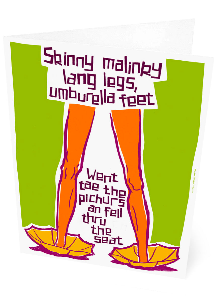 Skinny malinky long legs, umbrella feet (green) – set of two cards