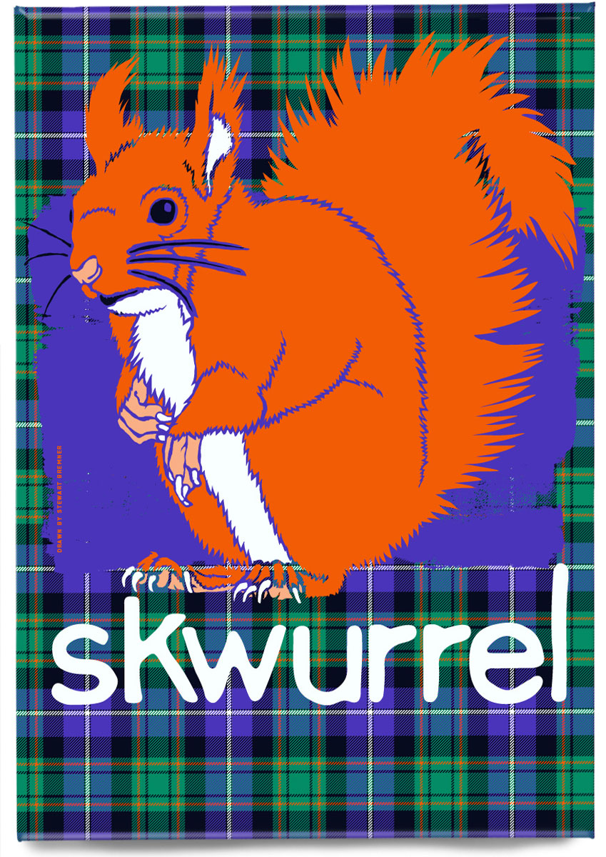Skwurrel oan tartan (purple) – magnet