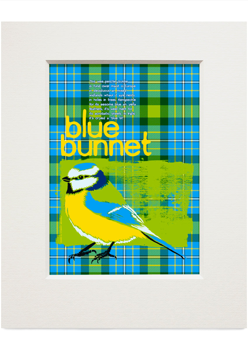 Blue bunnet oan tartan – small mounted print