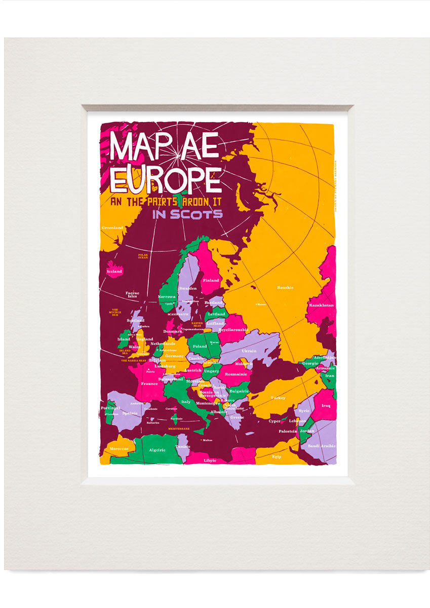 Map ae Europe in Scots – small mounted print