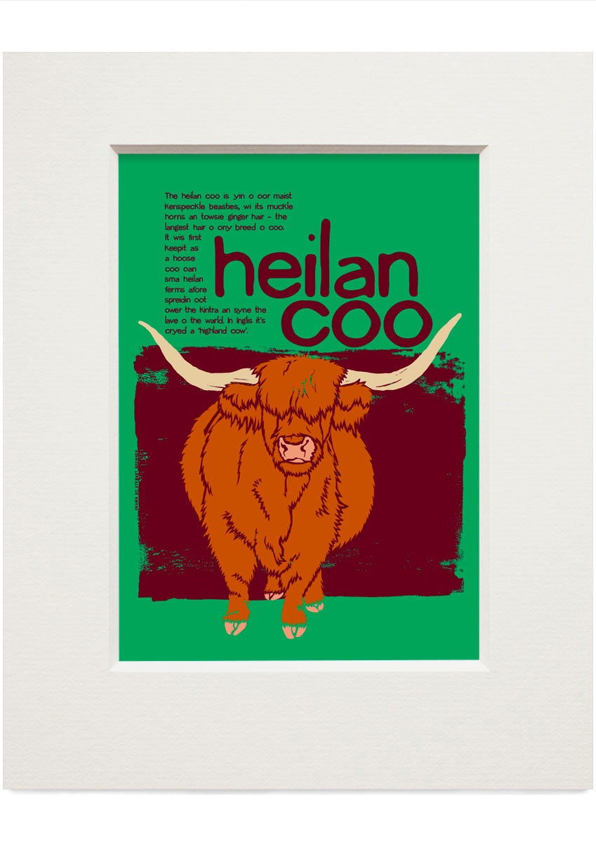 Heilan coo (green) – small mounted print