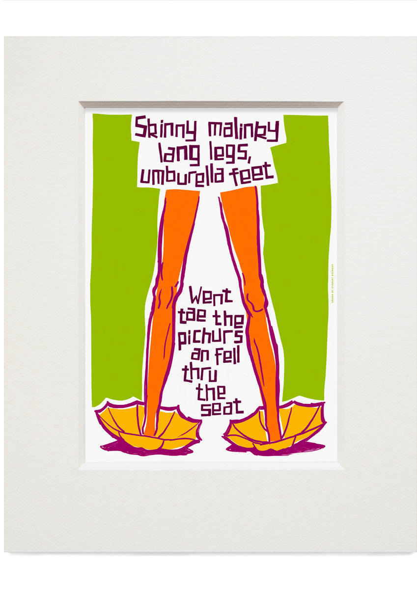 Skinny malinky long legs, umbrella feet (green) – small mounted print