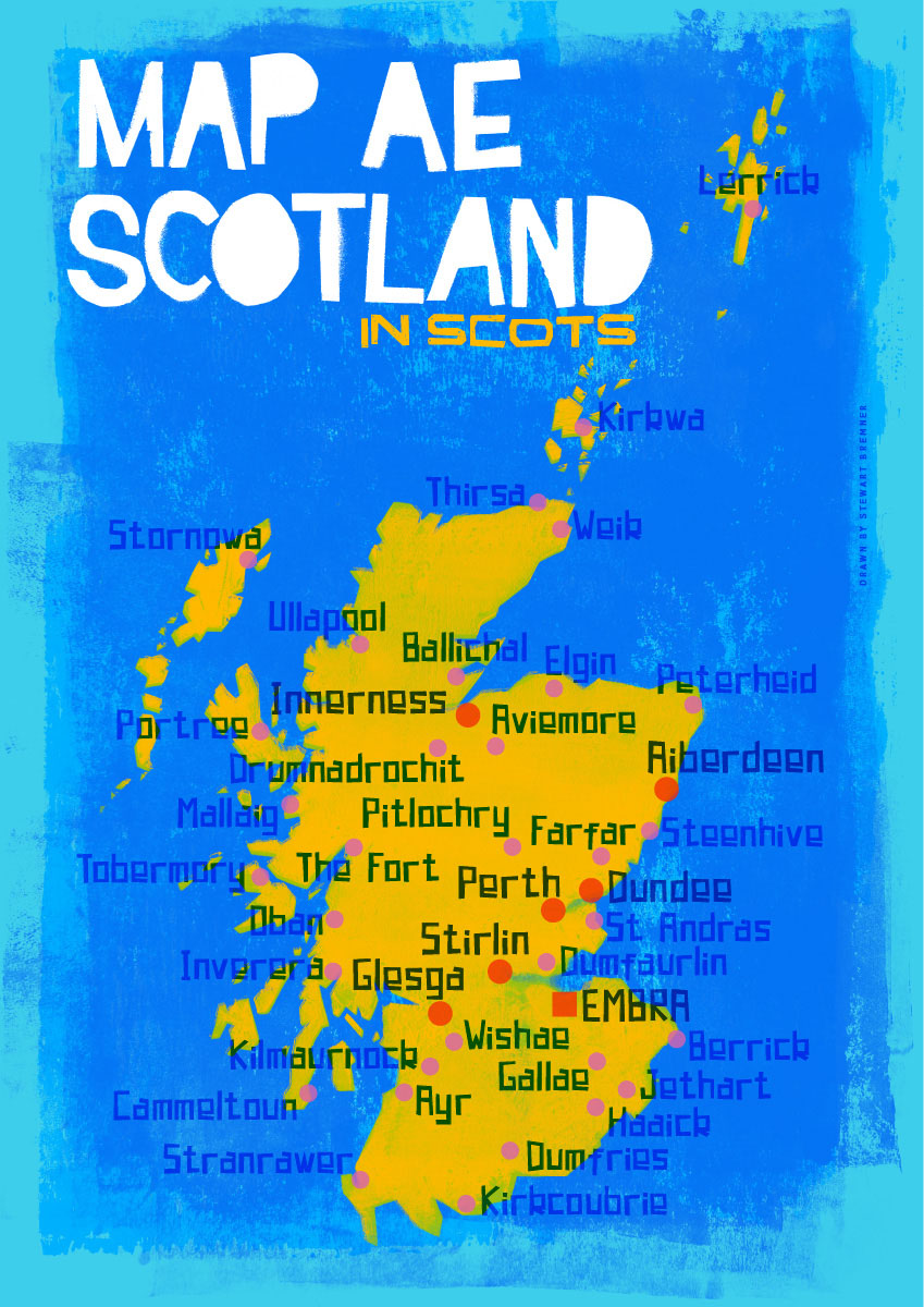 Map ae Scotland in Scots (blue) – poster