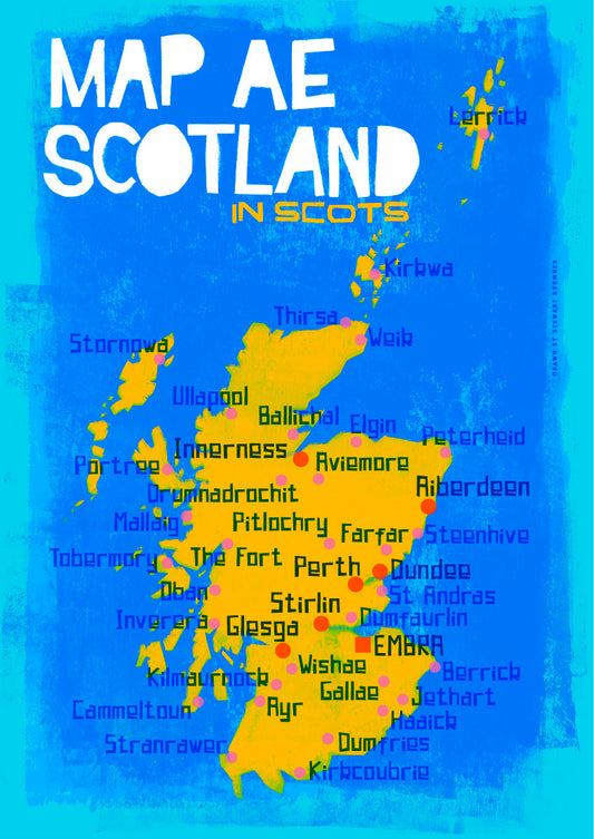 Map ae Scotland in Scots (blue) – poster