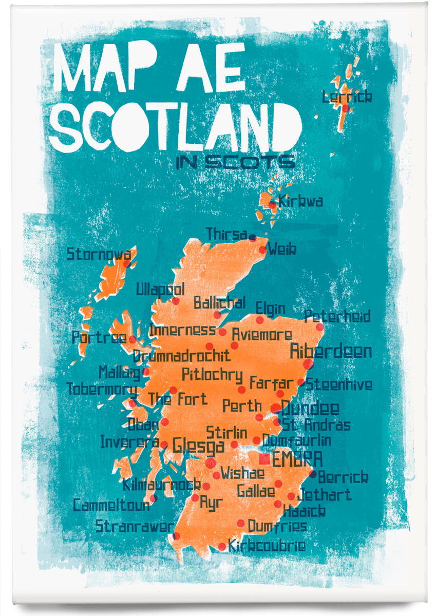 Map ae Scotland in Scots – magnet – Stewart Bremner Prints