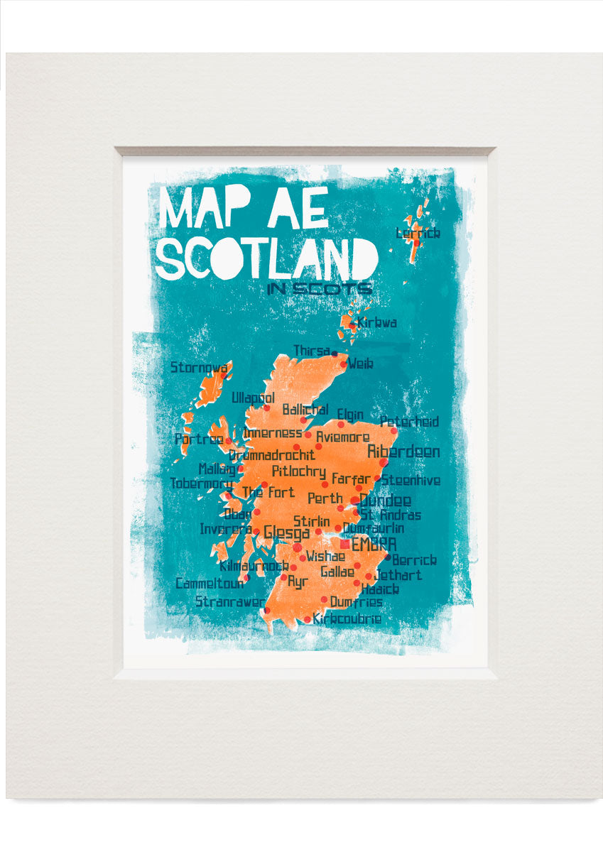 Map ae Scotland in Scots – small mounted print