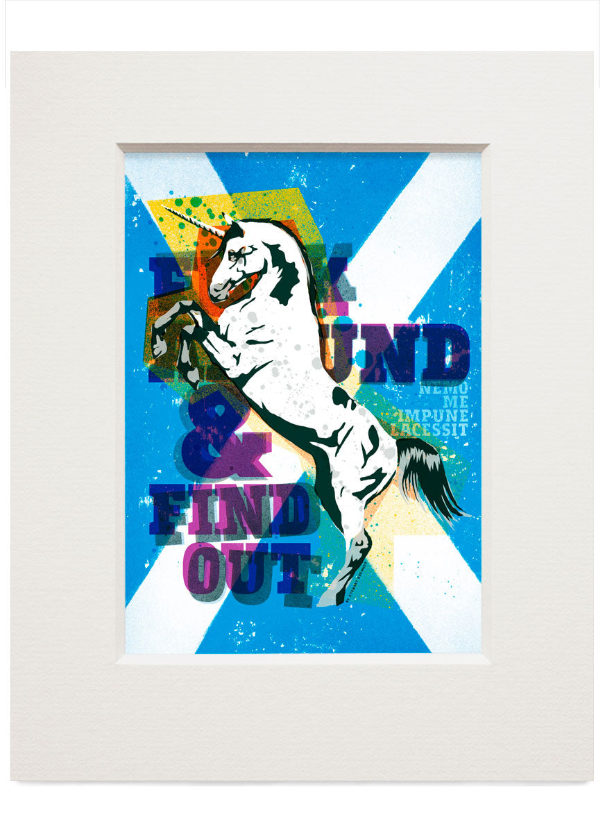 Un*corn around & find out – small mounted print