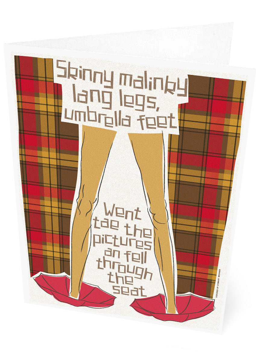 Skinny malinky long legs, umbrella feet (on tartan) – card