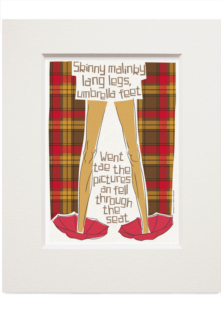 Skinny malinky long legs, umbrella feet (on tartan) – small mounted print