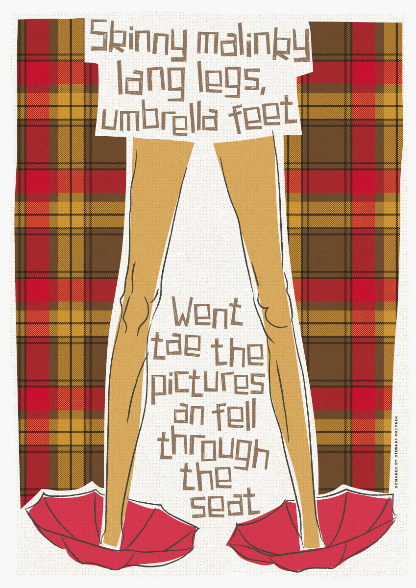 Skinny malinky long legs, umbrella feet (on tartan) – giclée print