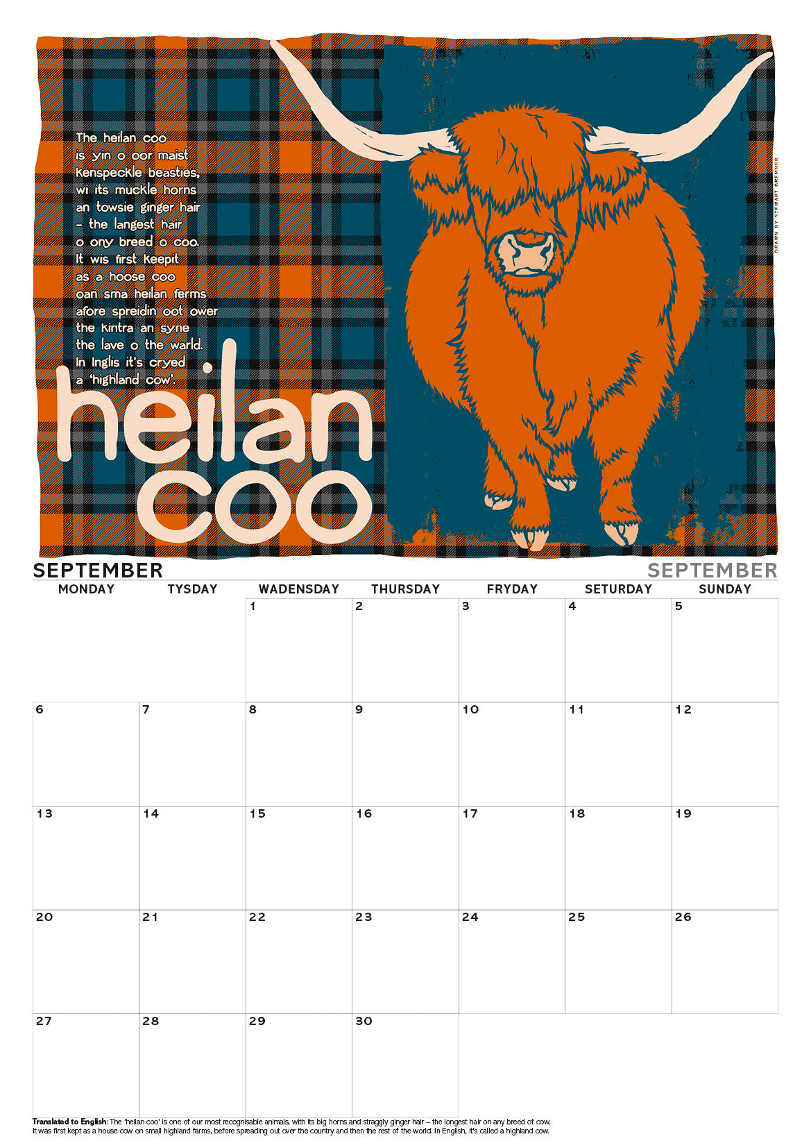 Scots beasties oan tartan – A3 calendar 2027