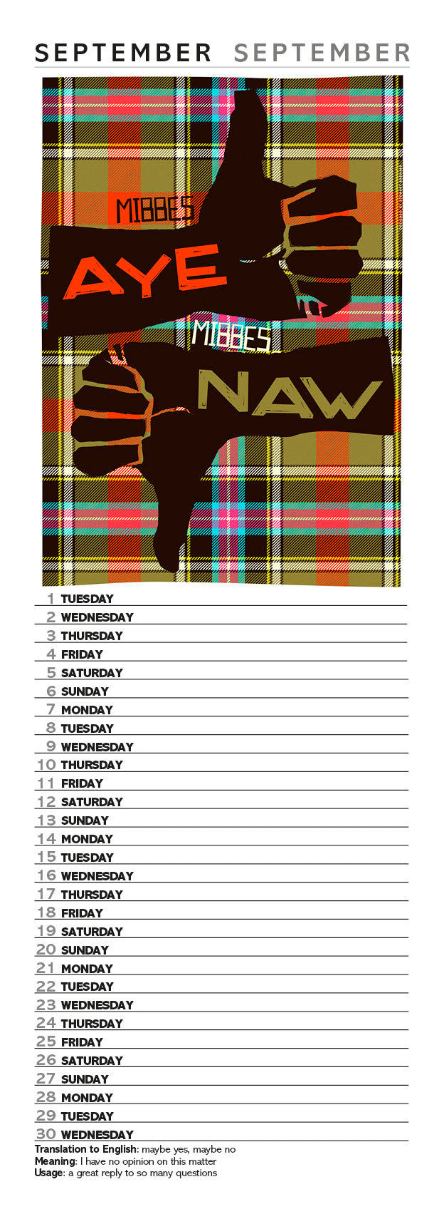 Scots Sayings on tartan – 2026 slimline calendar