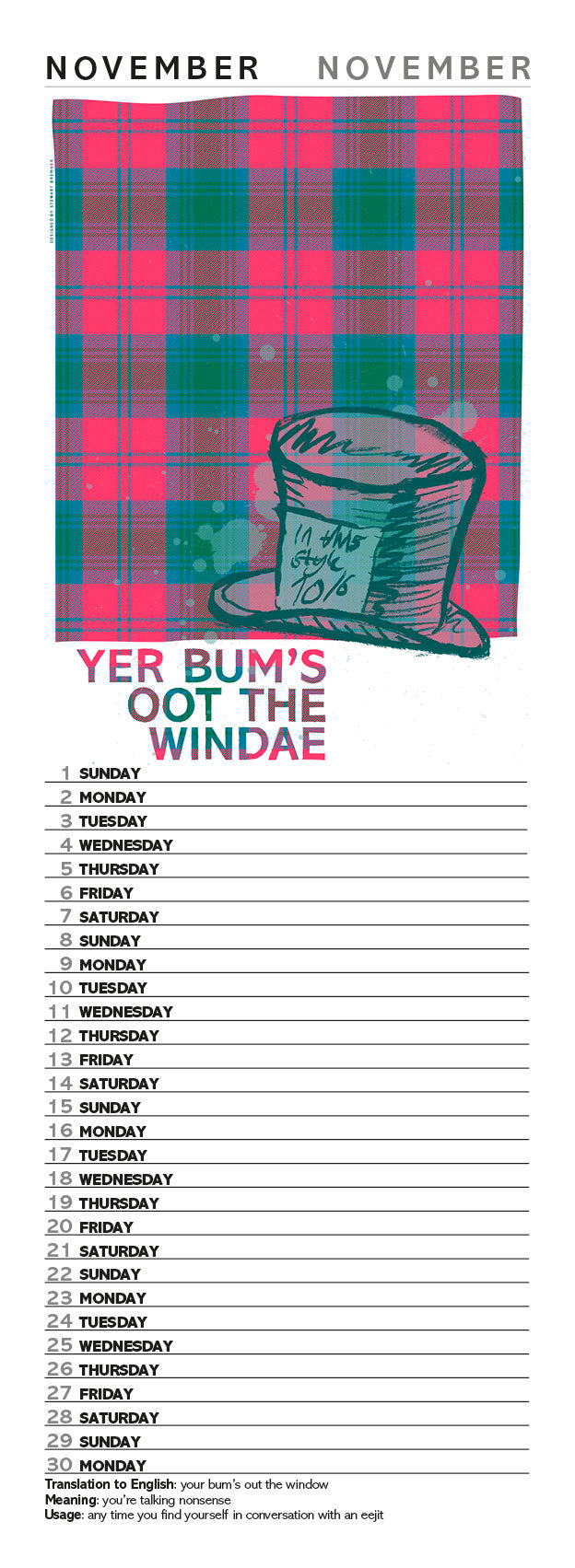 Scots Sayings on tartan – 2026 slimline calendar