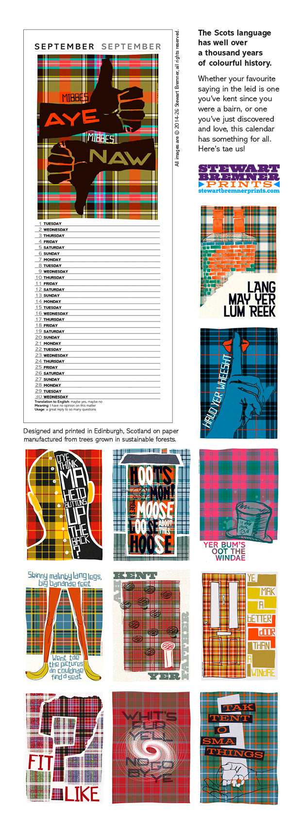Scots Sayings on tartan – 2026 slimline calendar