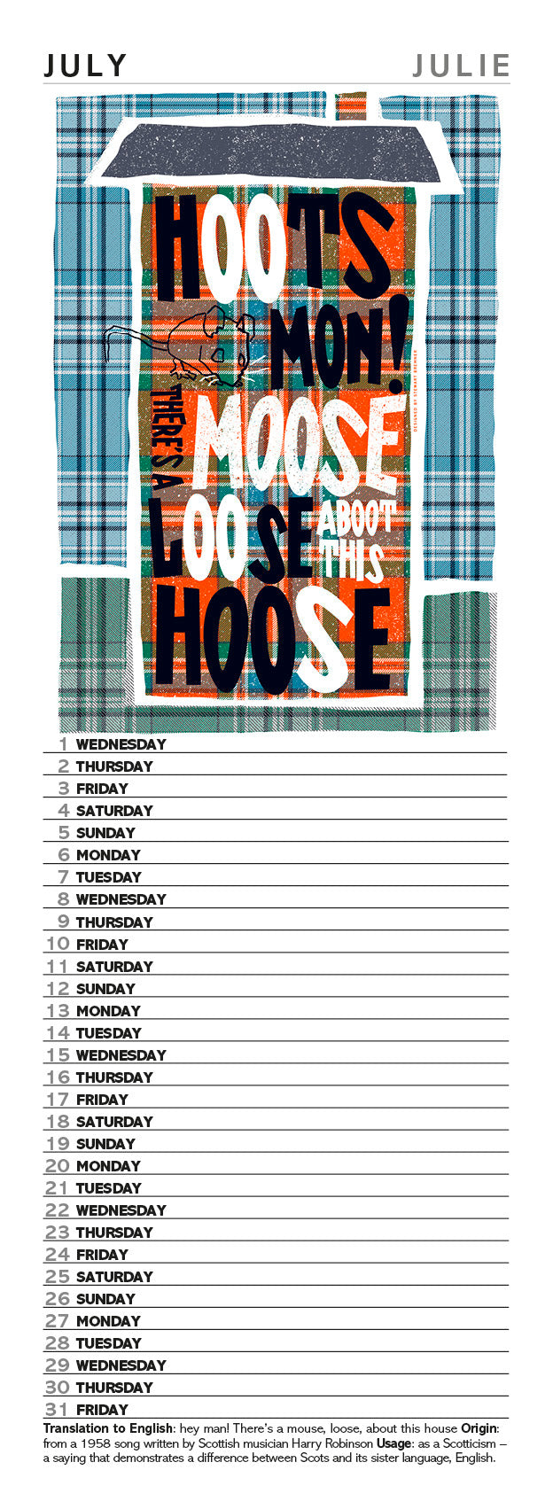 Scots Sayings on tartan – 2026 slimline calendar