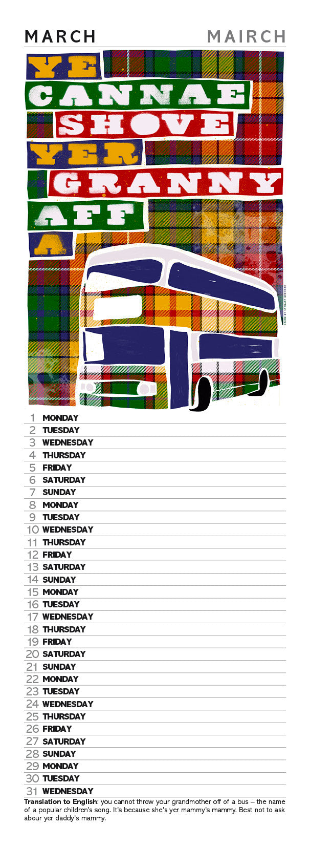 Scots sayings on tartan – slimline calendar 2027