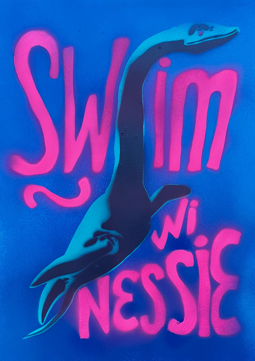 Swim wi Nessie - handmade stencil art