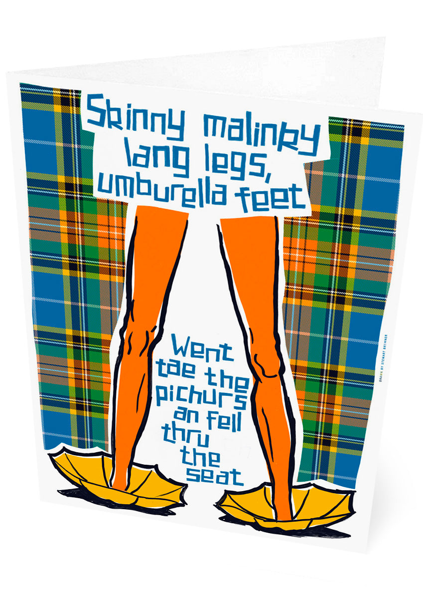 Skinny malinky long legs, umbrella feet (oan tartan) – set of two cards