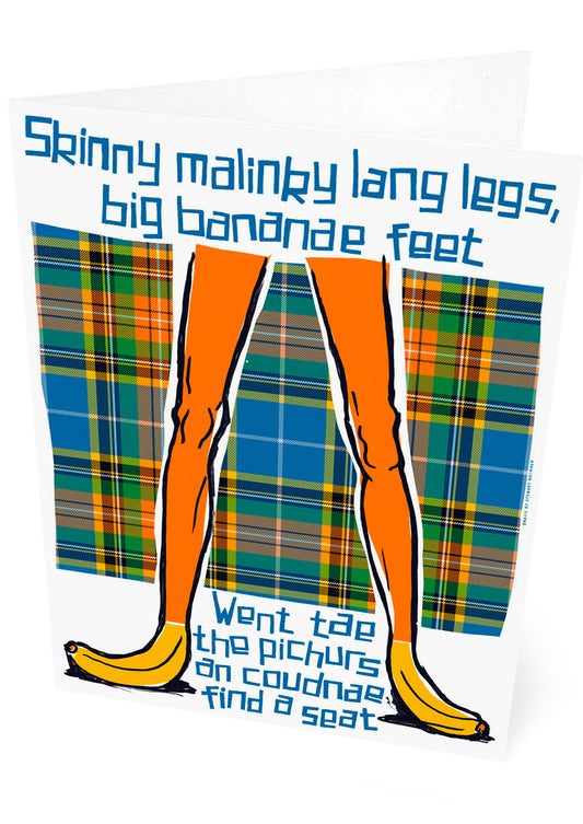 Skinny malinky long legs, big bananae feet (oan tartan) – set of two cards
