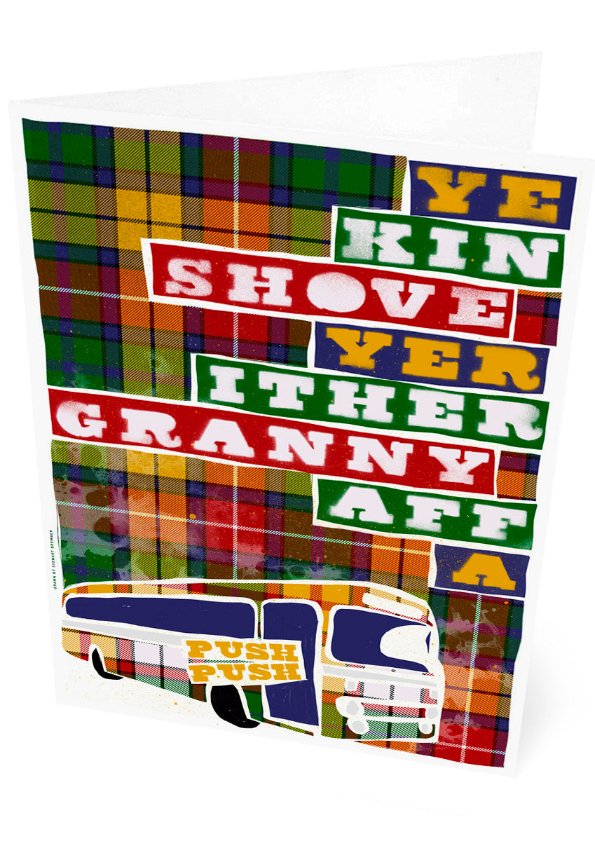 Ye kin shove yer ither granny aff a bus (oan tartan) – set of two cards