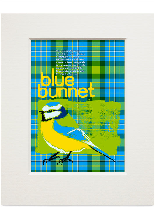 Blue bunnet oan tartan – small mounted print