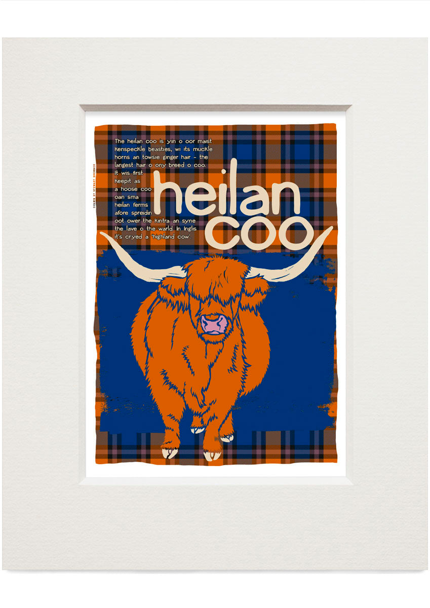 Heilan coo oan tartan (blue) – small mounted print