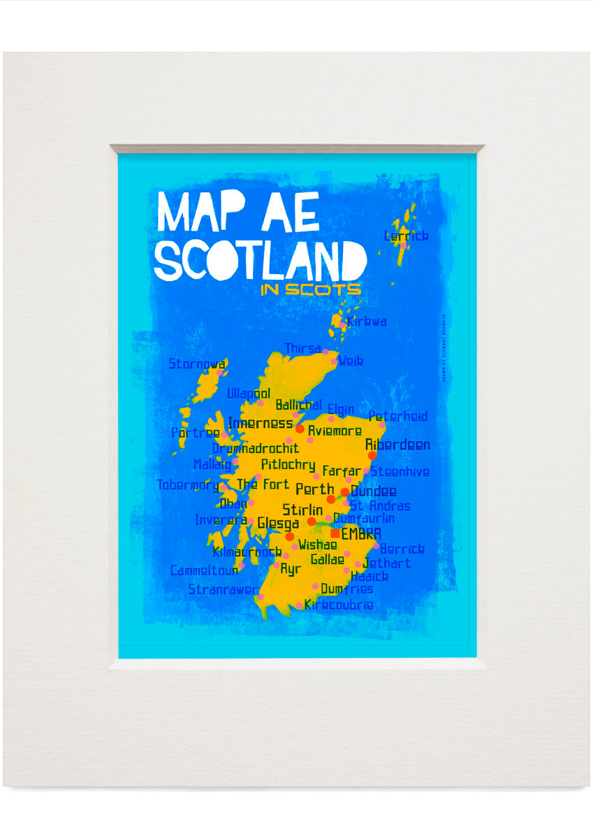 Map ae Scotland in Scots (blue) – small mounted print