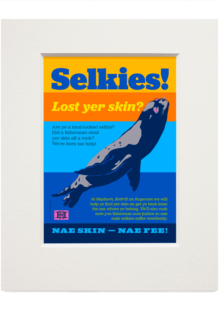Selkies! Lost yer skin? (blue) – small mounted print
