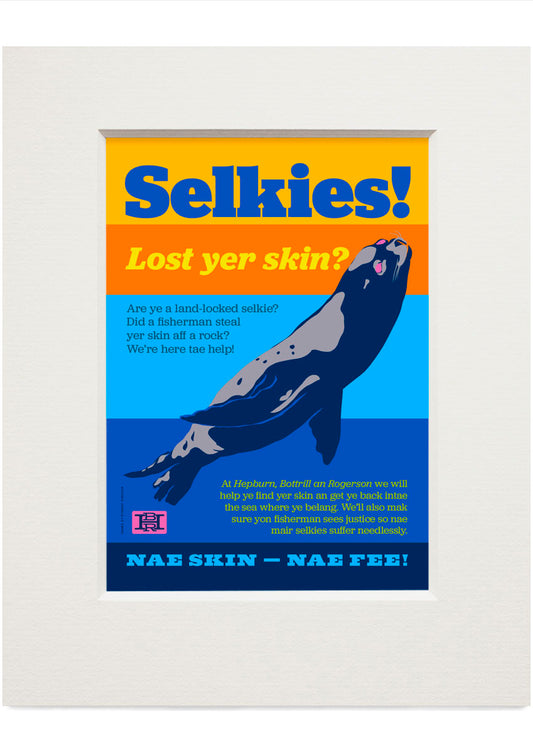 Selkies! Lost yer skin? (blue) – small mounted print