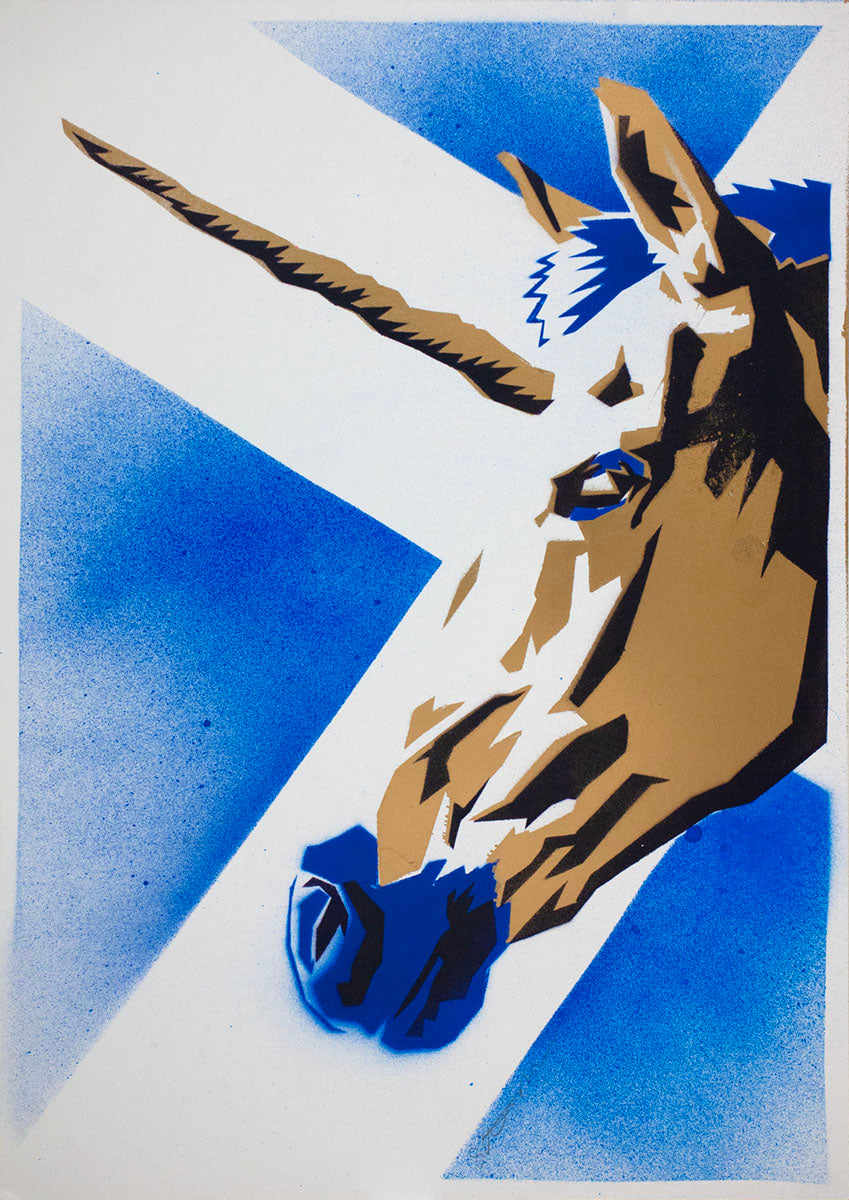 A handmade stencil art of a Scottish unicorn with a saltire background