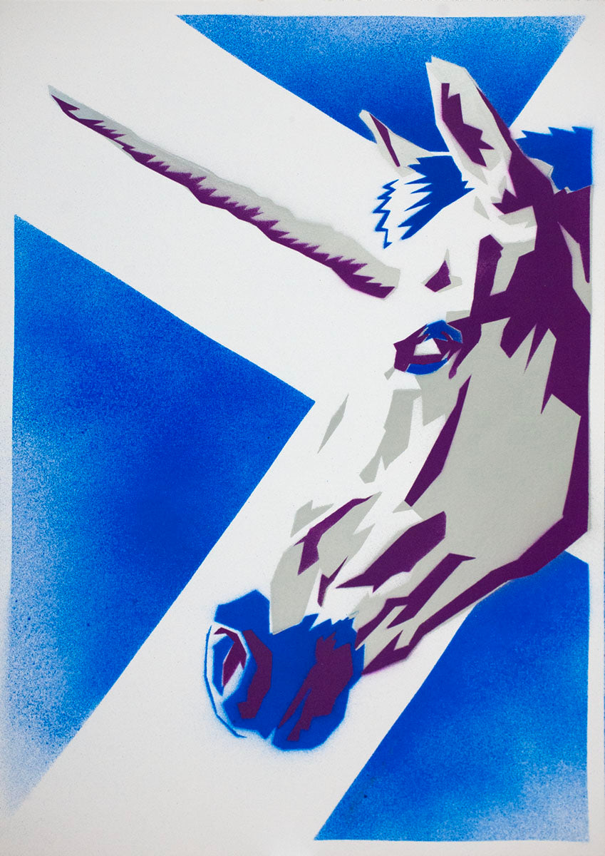 A handmade stencil art of a Scottish unicorn with a saltire background