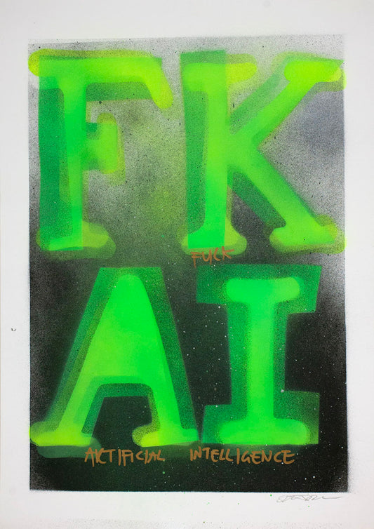Neon green letters spelling 'FK AI' on a black fade background