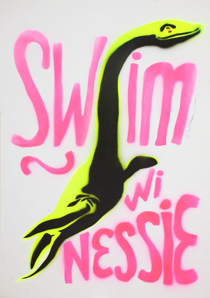 Swim wi Nessie - handmade stencil art