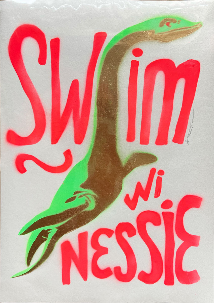 Swim wi Nessie - handmade stencil art