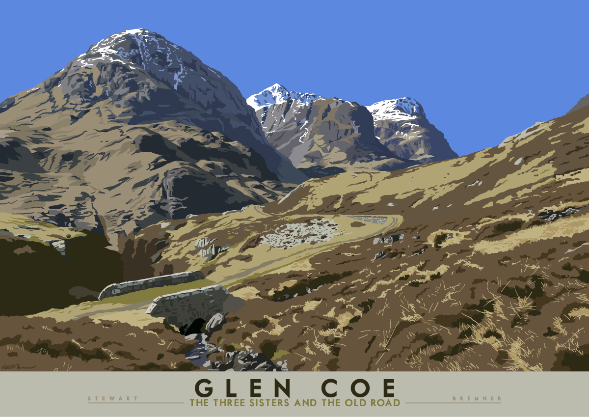 Glen Coe: the Three Sisters and the Old Road – poster - natural - Indy Prints by Stewart Bremner