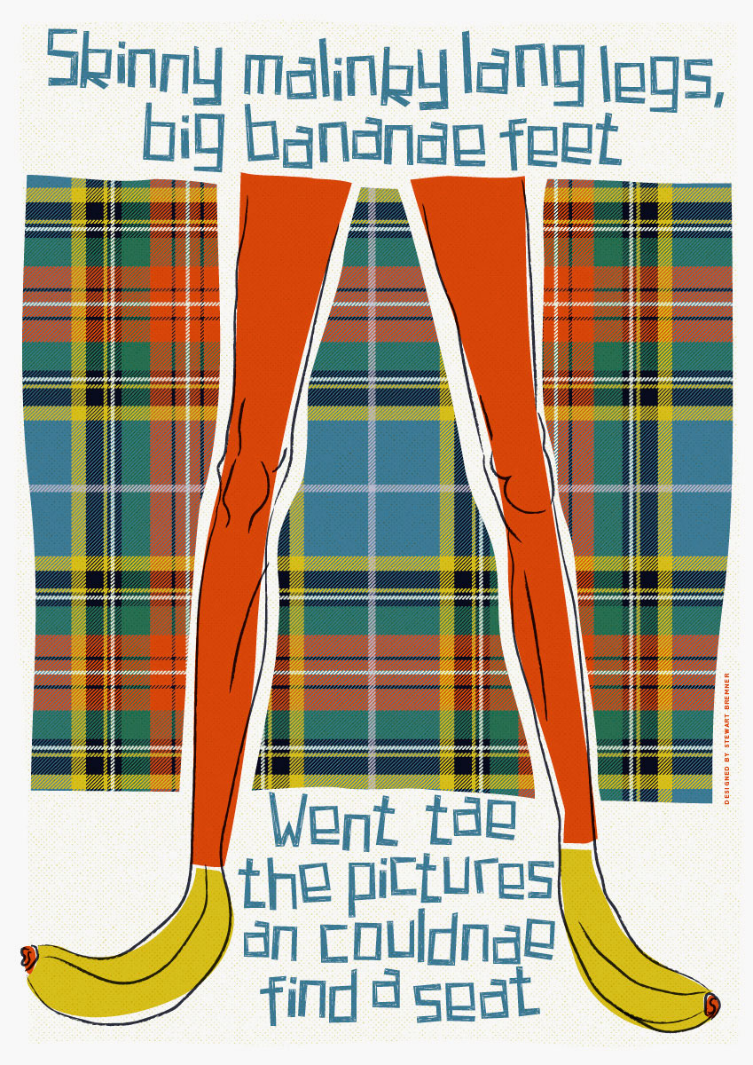 Skinny malinky long legs, big bananae feet (on tartan) – giclée print - Indy Prints by Stewart Bremner